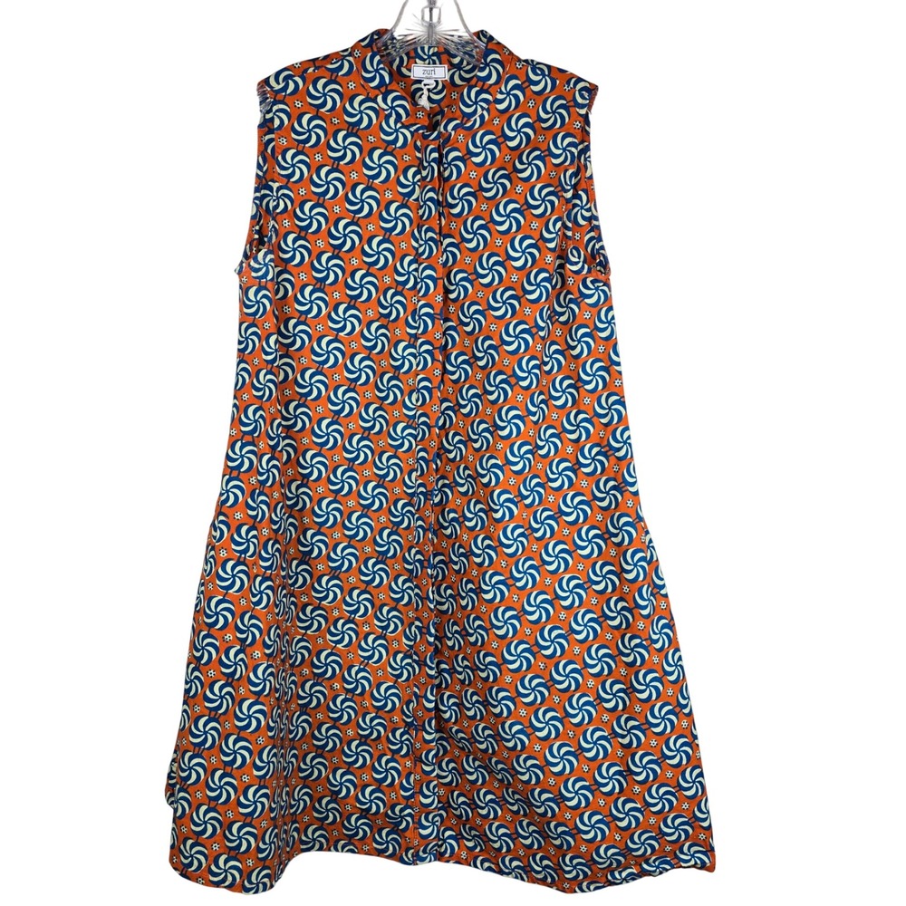 Zuri Kenya Orange Blue Pinwheel Cotton Sleeveless Button Front Dress Pockets M